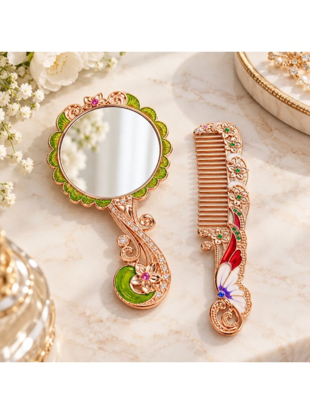 Butterfly & Floral Hand Mirror and Comb Set – Rose Gold Tone